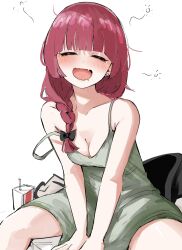 Rule 34 | 1girl, :d, ^ ^, bare arms, bare shoulders, between legs, black bow, blunt bangs, blush, bocchi the rock!, bow, braid, breasts, camisole, cleavage, closed eyes, collarbone, commentary, cowboy shot, drooling, drunk, eyebrows hidden by hair, facing viewer, green camisole, hair bow, hand between legs, happy, highres, hiroi kikuri, leaning forward, long hair, mame1645, medium breasts, mouth drool, no bra, off shoulder, open mouth, purple hair, sidelocks, simple background, single braid, sitting, smile, solo, squeans, white background