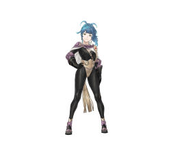Rule 34 | 1girl, absurdres, ahoge, black bodysuit, blue hair, bodysuit, breasts, cape, cleavage, commentary request, earrings, female focus, fire emblem, fire emblem heroes, full body, hand on own hip, head tilt, highres, jewelry, kozaki yuusuke, long hair, looking at viewer, nintendo, official art, reginn (fire emblem), simple background, skin tight, solo, standing, white background, yellow eyes