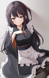 Rule 34 | 1girl, absurdres, apron, black dress, black hair, black pantyhose, breasts, brown eyes, closed mouth, dress, expressionless, flower knot, frilled apron, frilled dress, frills, hair ribbon, hand on own chest, highres, long hair, long sleeves, looking at viewer, maid, maid apron, maid headdress, medium breasts, obi, one side up, original, pantyhose, ribbon, sash, setsurimu (pro viden), sitting, solo, wa maid, wide sleeves
