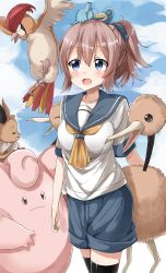 Rule 34 | 10s, 1girl, :3, absurdres, animal, animal on head, aoba (kancolle), black thighhighs, blue eyes, blue scrunchie, blue shorts, blue sky, blush, breasts, claws, clefable, closed eyes, cloud, cloudy sky, cowboy shot, creatures (company), day, doduo, eevee, game freak, gen 1 pokemon, hair between eyes, highres, horsea, kantai collection, medium breasts, messy hair, neckerchief, nintendo, on head, open mouth, pentagon (railgun ky1206), pidgeotto, pink hair, pokemon, pokemon (creature), pokemon go, ponytail, school uniform, scrunchie, serafuku, short sleeves, shorts, sky, smile, thighhighs