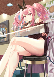 Rule 34 | 1girl, ass, azur lane, bare shoulders, between breasts, black hairband, breasts, bremerton (azur lane), bremerton (day-off date) (azur lane), brown dress, brown sweater, bubble tea, clothes lift, coat, unworn coat, cup, disposable cup, dress, feet out of frame, flashing, from below, glass table, hairband, hand on own cheek, hand on own face, highres, jacket, kagura hiromu, large breasts, crossed legs, looking at viewer, looking down, manjuu (azur lane), multicolored hair, no panties, off-shoulder dress, off-shoulder sweater, off shoulder, official alternate costume, pink eyes, pink hair, sitting, smile, solo, star (symbol), star print, strap between breasts, streaked hair, sweater, sweater dress, sweater lift, table, teeth, two-tone hair, white jacket