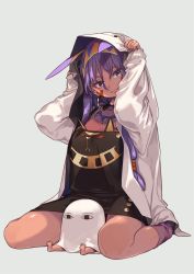 Rule 34 | 1girl, amana (pocketkey), animal ears, commentary request, dark-skinned female, dark skin, facial mark, fate/grand order, fate (series), grey background, highres, hood, jackal ears, medjed (fate), nitocris (fate), purple eyes, purple hair, sitting, sleeves past wrists, smile, solo, tan, thighs, wariza