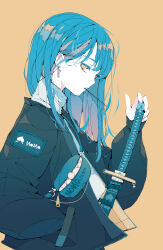 Rule 34 | 1girl, absurdres, bag, black jacket, blue hair, colored skin, cowboy shot, earrings, fanny pack, from side, hair behind ear, hand in pocket, hand on hilt, highres, holding, holding sword, holding weapon, jacket, jewelry, katana, long hair, long sleeves, looking at viewer, mouth hold, no pupils, nocopyrightgirl, open clothes, open jacket, open mouth, original, profile, shirt, shoulder bag, sidelocks, sideways glance, simple background, solo, straight hair, sword, tassel, tassel earrings, turtleneck, turtleneck shirt, weapon, white shirt, white skin, yellow background, yellow eyes