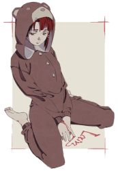 Rule 34 | 1girl, animal costume, animal ears, asymmetrical hair, barefoot, bear costume, bear ears, blood, blood writing, brown eyes, brown hair, character name, closed mouth, commentary request, feet, full body, hair tie, highres, hood, hoodie, iwakura lain, looking at viewer, outside border, serial experiments lain, short hair, sitting, soles, solo, toes