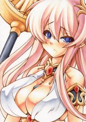 Rule 34 | 1girl, blue eyes, breasts, brooch, choker, cleavage, covered erect nipples, frown, hair ornament, jewelry, kido saori, large breasts, long hair, marker (medium), mechanical pencil, millipen (medium), pencil, pink hair, saint seiya, simple background, slit pupils, solo, staff, traditional media, uneven eyes, very long hair, white background, yutakasan-love