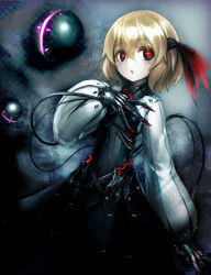 Rule 34 | 1girl, blonde hair, chromatic aberration, claws, cyberpunk, glowing, glowing eyes, hair ribbon, highres, long sleeves, looking at viewer, red eyes, ribbon, rumia, shirt, skirt, skirt set, solo, spark621, touhou, vest