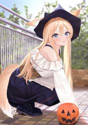Rule 34 | 1girl, animal ear fluff, animal ears, arm support, blonde hair, blue eyes, blue footwear, blue skirt, blue sky, blurry, blurry background, boots, brick wall, day, dog ears, dog girl, dog tail, fence, frills, hair between eyes, halloween bucket, hat, highres, long hair, long sleeves, looking at viewer, megumi kei, off-shoulder shirt, off shoulder, original, outdoors, scenery, shirt, sidelocks, skirt, sky, solo, squatting, tail, tile floor, tiles, tree, white shirt