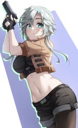 Rule 34 | 1girl, absurdres, black gloves, black pantyhose, black shorts, blue eyes, breasts, brown jacket, character request, closed mouth, commission, cowboy shot, crop top, fingerless gloves, gloves, grey hair, groin, gun, hair between eyes, handgun, highres, holding, holding gun, holding weapon, holiday (pangjelly), jacket, looking at viewer, medium breasts, midriff, navel, open clothes, open jacket, pantyhose, pantyhose under shorts, pixiv commission, short shorts, short sleeves, shorts, sidelocks, solo, standing, stomach, weapon