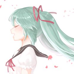 Rule 34 | 1girl, bad id, bad pixiv id, closed eyes, green hair, hair ribbon, hatsune miku, marin (myuy 3), open mouth, petals, profile, ribbon, sailor collar, solo, spring miku, twintails, upper body, vocaloid, white background