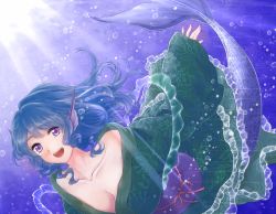 Rule 34 | 1girl, bare shoulders, blue hair, breasts, bubble, cleavage, collarbone, dutch angle, fins, head fins, japanese clothes, kimono, large breasts, light rays, long hair, looking at viewer, mayoln, mermaid, monster girl, obi, off shoulder, open mouth, purple eyes, sash, smile, solo, sunbeam, sunlight, touhou, underwater, wakasagihime
