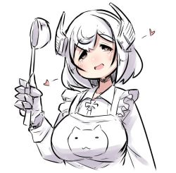 Rule 34 | 1girl, :d, apron, azur lane, blush, brown eyes, collared shirt, cropped torso, cross, frilled apron, frills, gloves, hair between eyes, head tilt, headgear, heart, heart-shaped pupils, holding, iron cross, ladle, long sleeves, open mouth, partially colored, roon (azur lane), shirt, simple background, smile, solo, symbol-shaped pupils, u-non (annon&#039;an), upper body, white background