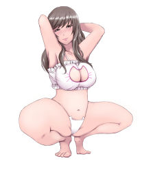 Rule 34 | 10s, 1girl, armpits, blush, bra, breasts, cameltoe, cat cutout, cat ear panties, cat lingerie, cleavage, cleavage cutout, clothing cutout, collarbone, girls und panzer, grey eyes, grey hair, large breasts, lingerie, looking at viewer, meme attire, mature female, navel, panties, shimada chiyo, simple background, smile, solo, spread legs, squatting, underwear, white background, white bra, white panties, yuutai