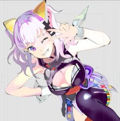 Rule 34 | 119, 1girl, blue eyes, breasts, cleavage, cleavage cutout, clothing cutout, hair ornament, hairclip, kaguya luna, large breasts, looking at viewer, one eye closed, silver hair, sleeveless, solo, the moon studio, twintails, v, virtual youtuber, wrist cuffs