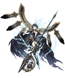 Rule 34 | 1girl, alice (sinoalice), alternate eye color, blue hair, breasts, cape, dark blue hair, eye trail, full body, gloves, holding, holding polearm, holding weapon, ji no, light trail, lightning, looking at viewer, official art, orange eyes, polearm, short hair, sinoalice, small breasts, solo, spear, tattoo, torn cape, torn clothes, transparent background, weapon, white gloves
