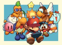 Rule 34 | 4girls, 5boys, blue background, blue footwear, blush, bombette, boots, border, bow (paper mario), brown footwear, commentary, ellisbros, english commentary, facial hair, gloves, goombario, handheld game console, hat, highres, holding, holding handheld game console, kooper, lakilester, mario, mario (series), multiple boys, multiple girls, mustache, nintendo, nintendo switch, open mouth, paper mario, paper mario 64, parakarry, red headwear, simple background, sitting, sushie, watt (paper mario), white border, white gloves, wings