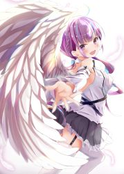 Rule 34 | 1girl, absurdres, angel, angel wings, bare shoulders, black skirt, blue hair, blush, braid, commentary request, detached sleeves, feathers, garter straps, hair between eyes, highres, hololive, long hair, looking at viewer, looking back, minato aqua, multicolored hair, nail polish, open mouth, outstretched arms, purple eyes, purple hair, shirt, skirt, sleeveless, sleeveless shirt, solo, thighhighs, toshizou (0714), twintails, two-tone hair, virtual youtuber, white background, white shirt, white thighhighs, wings