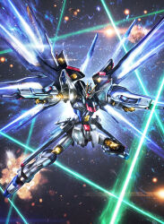 Rule 34 | asteroid, beam rifle, commentary request, debris, dual wielding, energy gun, exhaust, explosion, full body, glowing, glowing eyes, gun, gundam, gundam seed, gundam seed destiny, highres, holding, holding gun, holding weapon, laser, legs apart, light particles, mecha, mecha focus, mechanical wings, mobile suit, no humans, outstretched arms, robot, science fiction, solo, space, star (sky), strike freedom gundam, v-fin, weapon, wings, yellow eyes, youiki