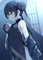 Rule 34 | 1girl, black dress, black gloves, black hair, blue archive, china dress, chinese clothes, closed mouth, coat, double bun, dragon print, dress, flat chest, food, fruit, gloves, grey coat, grey eyes, hair bun, halo, highres, holding, holding food, holding fruit, kisaki (blue archive), long hair, natsume eri, sleeveless, sleeveless dress, solo, striped coat, twintails, upper body, vertical-striped coat