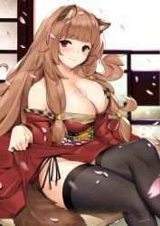 Rule 34 | 1girl, animal ears, bare shoulders, black thighhighs, blush, breasts, brown hair, cleavage, closed mouth, collarbone, commentary, commission, crossed legs, english commentary, hair between eyes, hair ornament, holding, japanese clothes, kimono, large breasts, lifted by self, long hair, long sleeves, looking at viewer, no bra, off shoulder, panties, petals, raccoon ears, raccoon girl, raccoon tail, raphtalia, red eyes, sash, side-tie panties, sidelocks, sitting, slave tattoo, smile, solo, tail, tate no yuusha no nariagari, tattoo, thighhighs, thighs, tony guisado, underwear, very long hair
