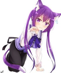Rule 34 | 1girl, all fours, animal ear fluff, animal ears, arm support, black skirt, blush, cat ears, cat tail, closed mouth, collared shirt, floating hair, gochuumon wa usagi desu ka?, hair between eyes, highres, kemonomimi mode, long hair, long skirt, long sleeves, looking past viewer, naonao (sherry), paw pose, purple eyes, purple hair, purple neckwear, purple vest, rabbit house uniform, shirt, signature, simple background, skirt, solo, tail, tedeza rize, very long hair, vest, white background, white shirt, wing collar