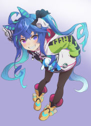 Rule 34 | 1girl, absurdres, ahoge, animal ears, bad id, bad pixiv id, black pantyhose, blue hair, blush, boots, bow, commentary request, crossed bangs, full body, gradient background, hair bow, hand on own hip, heterochromia, highres, hood, hoodie, horse ears, horse girl, leaning forward, long hair, looking at viewer, misashi (raichi821), multicolored bow, multicolored hair, pantyhose, purple background, sharp teeth, sidelocks, smile, solo, stuffed animal, stuffed rabbit, stuffed toy, tail, teeth, twin turbo (umamusume), twintails, umamusume