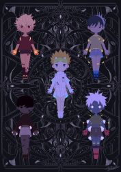 Rule 34 | 5boys, blonde hair, child, closed mouth, colored skin, commentary, english commentary, floating, floating hair, glowing, glowing eyes, legs together, looking at viewer, male focus, multiple boys, noeyebrow (mauve), one eye closed, original, outstretched arms, short hair, shorts, white hair