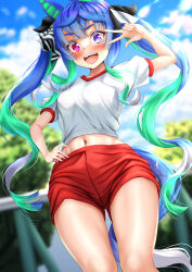 Rule 34 | 1girl, absurdres, animal ears, black ribbon, blue eyes, blue hair, blue sky, blurry, blurry background, cloud, cloudy sky, commentary, day, depth of field, gym shirt, gym shorts, gym uniform, hair ribbon, hand on own hip, heterochromia, highres, horse ears, horse girl, horse tail, long hair, looking at viewer, manu lee, midriff, multicolored hair, navel, open mouth, outdoors, purple eyes, railing, red shorts, ribbon, sharp teeth, shirt, short shorts, shorts, sidelocks, sky, smile, solo, standing, t-shirt, tail, teeth, tracen training uniform, twin turbo (umamusume), twintails, two-tone hair, umamusume, v over eye, very long hair, white shirt