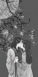 Rule 34 | 1boy, 1girl, black hair, branch, chinese clothes, commentary request, greyscale, highres, holding hands, kiss, lanxi zhen, laojun (the legend of luoxiaohei), li qingning (the legend of luoxiaohei), long hair, long sleeves, lzgthcc, monochrome, moon, profile, robe, luo xiaohei zhanji, upper body, wide sleeves