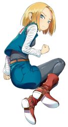 Rule 34 | 1girl, android 18, black pantyhose, blonde hair, blue eyes, boots, breasts, dragon ball, dragonball z, earrings, from side, full body, highres, jacket, jewelry, long sleeves, looking at viewer, nakahara kaihei, pantyhose, parted bangs, short hair, skirt, solo, torn clothes, torn sleeves