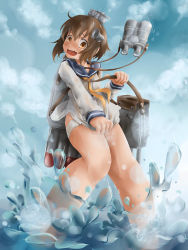 Rule 34 | 10s, 1girl, binoculars, blush, brown hair, cloud, cloudy sky, covering privates, covering crotch, day, from below, gradient background, gsong-chan, highres, kantai collection, orange eyes, sailor collar, scarf, see-through, shirt tug, short hair, sky, solo, water, wet, yellow scarf, yukikaze (kancolle)