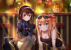 Rule 34 | 2girls, ahoge, arm support, assault rifle, asymmetrical hair, asymmetrical sleeves, backlighting, bar stool, belt, black-framed eyewear, black gloves, black legwear, black shorts, blue eyes, blue jacket, blurry, blush, bokeh, breasts, brown hair, cleavage, closed mouth, collarbone, counter, crying, crying with eyes open, cup, depth of field, drinking glass, exercising, eyewear on head, girls&#039; frontline, gloves, gun, hair ribbon, hand on own chest, highres, jacket, jewelry, kalina (girls&#039; frontline), legs together, long hair, long sleeves, looking at viewer, motion lines, multiple girls, necklace, pendant, push-ups, railing, red eyes, red ribbon, ribbon, rifle, serious, short hair, short hair with long locks, short sleeves, shorts, side ponytail, sidelocks, sleeveless, squatting, stool, sunglasses, sweat, tank top, tears, thighhighs, trembling, type 79 (girls&#039; frontline), uneven sleeves, uniform, wavy mouth, weapon, wet, wind chime, yuhuan