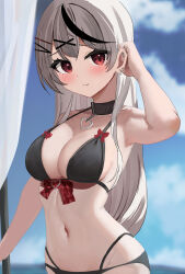 Rule 34 | 1girl, absurdres, bare shoulders, breasts, cleavage, grey hair, highres, hololive, long hair, looking at viewer, medium breasts, red eyes, sakamata chloe, sasasa11070, smile, solo, standing, swimsuit, virtual youtuber