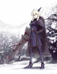 Rule 34 | 1girl, armor, artoria pendragon (fate), artoria pendragon (lancer alter) (fate), black cape, blonde hair, boa (brianoa), braid, braided bun, cape, day, dress, fate/grand order, fate (series), fur trim, gorget, hair bun, highres, holding, holding sword, holding weapon, horns, lance, legs apart, looking at viewer, armored boots, outdoors, pale skin, parted lips, polearm, purple dress, scabbard, sheath, sheathed, sidelocks, snow, solo, standing, sword, tree, weapon, yellow eyes