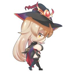Rule 34 | 1girl, :&gt;, black cape, black dress, black footwear, black gloves, black hat, blonde hair, blush, boots, breasts, cape, chibi, closed mouth, commentary request, dress, elbow gloves, full body, gem, gem hat ornament, gloves, hair between eyes, hat, highres, large breasts, lets0020, long bangs, long hair, looking at viewer, looking to the side, nijisanji, nui sociere, nui sociere (1st costume), partially fingerless gloves, profile, red cape, red gemstone, sideboob, simple background, smile, solo, standing, thigh boots, transparent background, two-sided cape, two-sided fabric, very long hair, virtual youtuber, walking, witch hat, yellow eyes