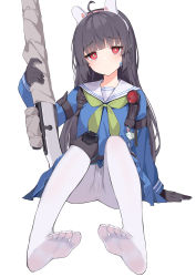 Rule 34 | 1girl, absurdres, black hair, blue archive, bolt action, bow, cameltoe, feet, flashlight, gun, hair bow, hairband, highres, long hair, looking at viewer, miyu (blue archive), pantyhose, red eyes, school uniform, serafuku, simple background, soles, toes, weapon, white background, white pantyhose
