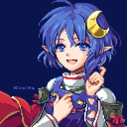 Rule 34 | 1girl, blue background, blue dress, blue eyes, blue hair, cape, dress, hiroita, index finger raised, long sleeves, looking at viewer, lowres, open mouth, pixel art, pointy ears, red cape, rena lanford, shirt, short hair, signature, simple background, solo, star ocean, star ocean the second story, white shirt