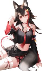 Rule 34 | 1girl, absurdres, animal ears, bell, black hair, black shirt, black skirt, blush, breasts, choker, claw pose, cleavage, closed mouth, commentary, cowboy shot, cropped shirt, detached sleeves, hair between eyes, hair ornament, highres, hololive, kouhaku nawa, long hair, looking at viewer, medium breasts, midriff, miniskirt, multicolored hair, navel, ookami mio, ookami mio (1st costume), pleated skirt, rapi (zx4748), red choker, red eyes, red hair, rope, sailor collar, shimenawa, shirt, simple background, sitting, skirt, solo, thighhighs, very long hair, virtual youtuber, white background, white hair, white thighhighs, wolf ears, wolf girl