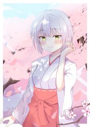 Rule 34 | 1girl, absurdres, cherry blossoms, highres, japanese clothes, miko, original, smile, tree, white hair, yellow eyes