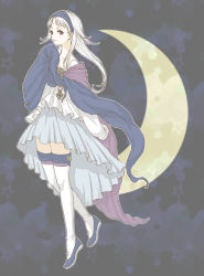 Rule 34 | bad id, bad pixiv id, cape, dress, fuku imo, gensou suikoden, gensou suikoden ii, moon, red eyes, sierra mikain, solo, thighhighs, vampire, white hair