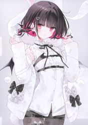 Rule 34 | 1girl, absurdres, black hair, blush, bow, bow print, bowtie, breasts, buttons, closed mouth, earrings, fake wings, hair ornament, hands up, highres, indie virtual youtuber, jewelry, long sleeves, looking at viewer, mini wings, multicolored hair, nanananana, open clothes, pantyhose, pink eyes, pink hair, pom pom (clothes), rikotan (vtuber), scan, shirt, short hair, simple background, small breasts, solo, two-tone hair, virtual youtuber, wings