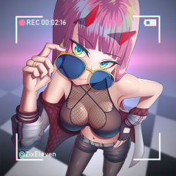 Rule 34 | 10s, 1girl, alternate costume, breasts, darling in the franxx, gloves, green eyes, horns, image sample, jacket, long hair, oni, pantyhose, pink hair, smile, standing, sunglasses, tumblr sample, zero two (darling in the franxx)