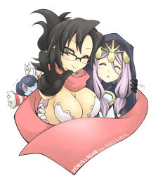 Rule 34 | 3girls, absurdres, aeon (skullgirls), bare shoulders, black eyes, black hair, blue hair, blue skin, breasts, character name, chibi, chibi inset, cleavage, closed eyes, colored skin, copyright name, detached sleeves, english text, flying sweatdrops, folded ponytail, glasses, gloves, hair over one eye, highres, hood, hourglass, large breasts, leviathan (skullgirls), long hair, multiple girls, nikubanare, one eye closed, open mouth, pink hair, ponytail, red eyes, reverge labs, scarf, semi-rimless eyewear, siblings, side ponytail, signature, simple background, sisters, skullgirls, smile, squigly (skullgirls), stitched mouth, stitches, striped, striped sleeves, twintails, upper body, v, venus (skullgirls), white background, wink, yellow eyes, zombie