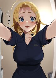 Rule 34 | 1girl, absurdres, ahoge, blonde hair, blue shirt, blush, breasts, collared shirt, commentary request, forehead, full-face blush, garuku1120, hachimiya meguru, highres, idolmaster, idolmaster shiny colors, large breasts, looking at viewer, shirt, solo, sweatdrop, twintails, upper body
