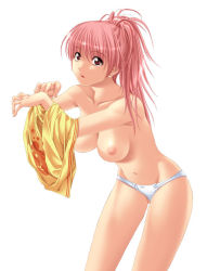 Rule 34 | 1girl, breasts, large breasts, long hair, maki aida factor, nipples, no bra, panties, pink hair, ponytail, red eyes, simple background, solo, underwear, undressing, white background