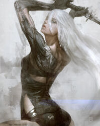 Rule 34 | absurdres, android, blue eyes, damaged, dirty, engraved, highres, holding, holding sword, holding weapon, long hair, looking back, mechanical parts, mole, mole under mouth, nier:automata, nier (series), sword, torn clothes, weapon, white background, white hair, yoda yo, a2 (nier:automata)