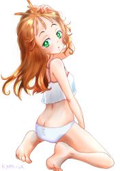 Rule 34 | :o, adjusting hair, artist name, ass, back, bare arms, bare legs, bare shoulders, barefoot, blouse, blush, breasts, butt crack, commentary request, green eyes, hair down, hair strand, hand on own head, kasuga rurito, kneeling, lips, long hair, looking at viewer, looking back, messy hair, midriff, natsuumi manatsu, orange hair, panties, precure, shirt, simple background, sleepy, small breasts, solo, tropical-rouge! precure, underwear, underwear only, white background, white panties, white shirt