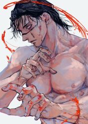 Rule 34 | 1boy, absurdres, black eyes, black hair, blood, blood on face, blood on hands, choso (jujutsu kaisen), closed mouth, facial tattoo, hands up, highres, jozpic, jujutsu kaisen, male focus, profile, short hair, solo, tattoo, topless male, upper body, white background