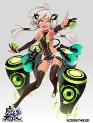Rule 34 | 1girl, armpits, bare shoulders, black footwear, black gloves, black hair, black thighhighs, boots, breasts, character request, commentary request, copyright name, drum, elbow gloves, gloves, gradient background, green eyes, grey background, hair ornament, instrument, long hair, looking at viewer, low twintails, medium breasts, official art, partially fingerless gloves, short shorts, shorts, silver hair, solo, the caster chronicles, thigh boots, thighhighs, twintails, very long hair, white background, white shorts, yuko (uc yuk)