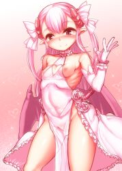 Rule 34 | 1girl, bare shoulders, bat wings, betoko, blush, breastless clothes, breasts, breasts out, cleft of venus, covered navel, dress, elbow gloves, gloves, gradient background, groin, harigane shinshi, highres, horns, low wings, nipples, no panties, original, pelvic curtain, pointy ears, pussy, red eyes, ribbon, see-through, silver hair, sleeveless, sleeveless dress, small breasts, smile, solo, twintails, two side up, uncensored, wedding dress, wings