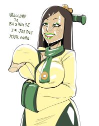 Rule 34 | 1boy, 1girl, absurdres, avatar: the last airbender, avatar legends, black hair, box chan, breasts, clothes, cum, cum in mouth, english text, facial, grabbing, grabbing another&#039;s breast, green eyes, green lips, highres, huge breasts, joo dee, lipstick, long hair, looking at viewer, makeup, open mouth, simple background, smile, white background